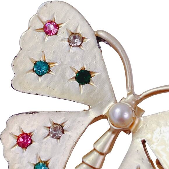 VTG 1950s Butterfly Brooch Colorful Rhinestone Pearl Mid Century Gold Tone Pin - Picture 6 of 8